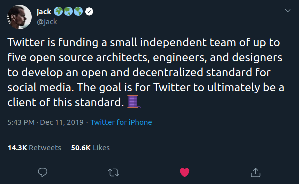 Twitter is funding a small independent team of up to five open source architects, engineers, and designers to develop an open and decentralized standard for social media. The goal is for Twitter to ultimately be a client of this standard. 
🧵