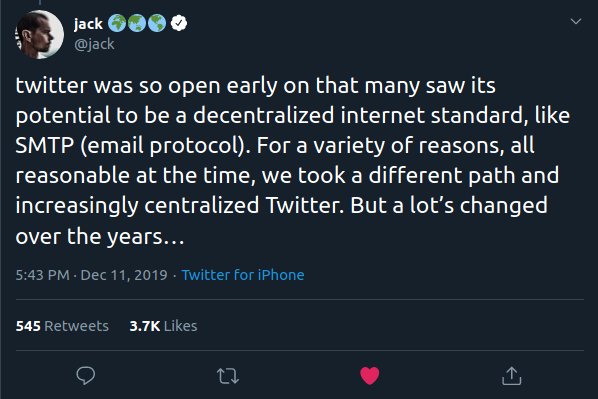 twitter was so open early on that many saw its potential to be a decentralized internet standard, like SMTP (email protocol). For a variety of reasons, all reasonable at the time, we took a different path and increasingly centralized Twitter. But a lot’s changed over the years…