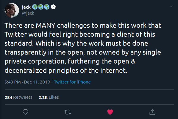 There are MANY challenges to make this work that Twitter would feel right becoming a client of this standard. Which is why the work must be done transparently in the open, not owned by any single private corporation, furthering the open & decentralized principles of the internet.
