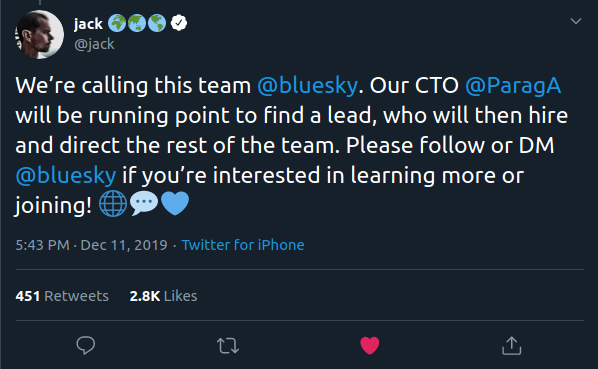 We’re calling this team @bluesky
. Our CTO @ParagA
 will be running point to find a lead, who will then hire and direct the rest of the team. Please follow or DM @bluesky
 if you’re interested in learning more or joining! 
